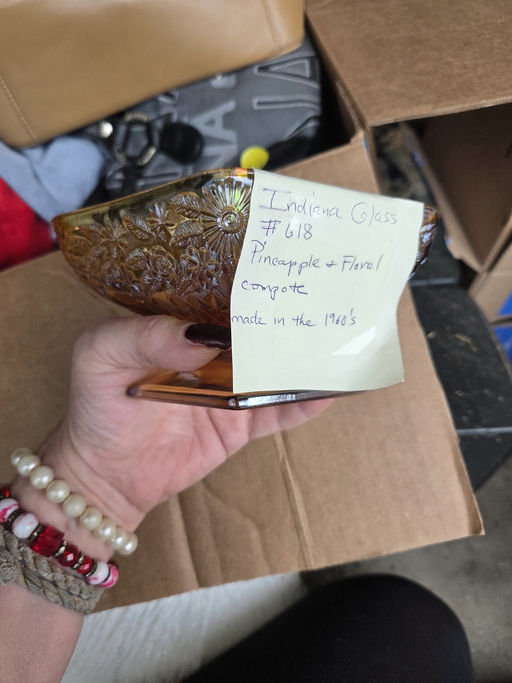 Indiana Glass Amber Pineapple & Floral Compote Bowl 1960s